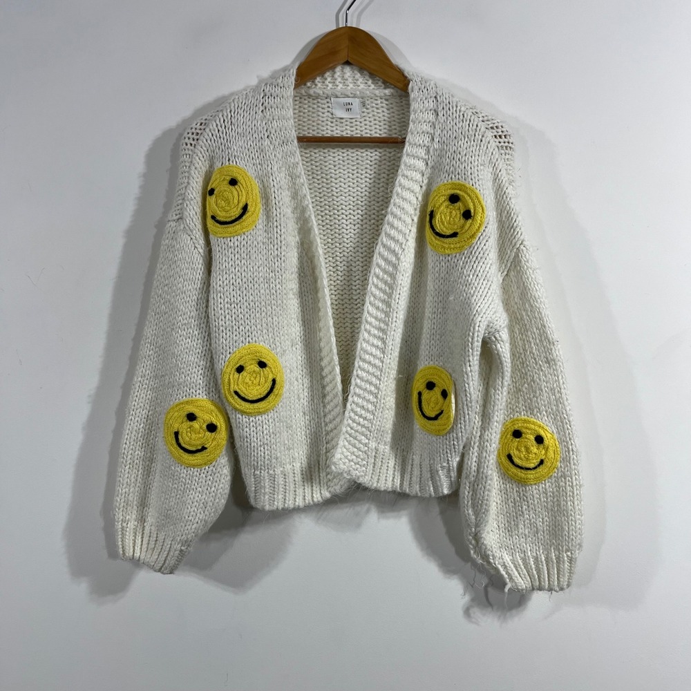 Luna Ivy Boho Smiley Face Chunky Knit Cardigan Sweater Womens XS Whimsical Retro